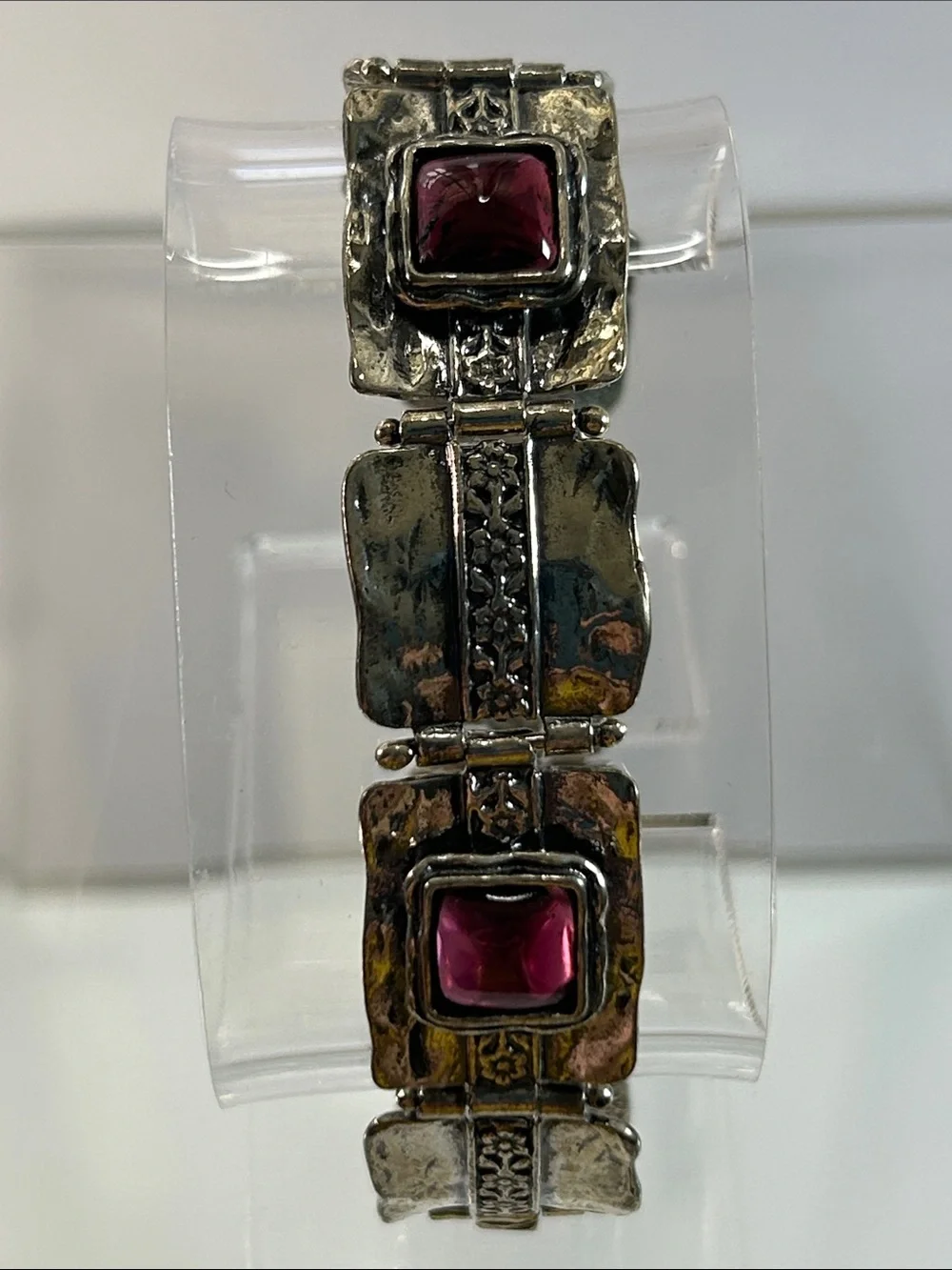 NWT Passage To Israel Hammered Panel Link Genuine Garnet Gemstone Bracelet